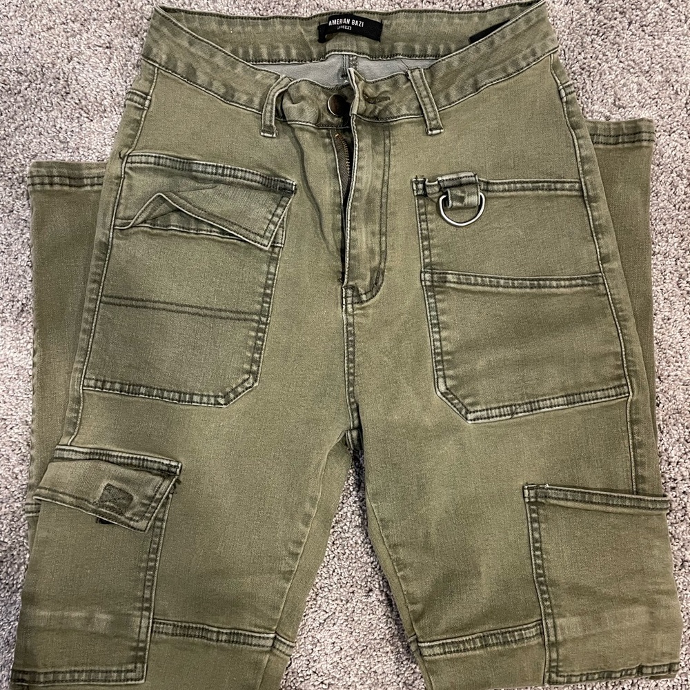 Vintage distressed army green stretchy jeans